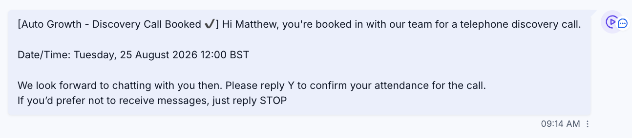 Example confirmation text message from Auto Growth asking you to reply Y to confirm your discovery call