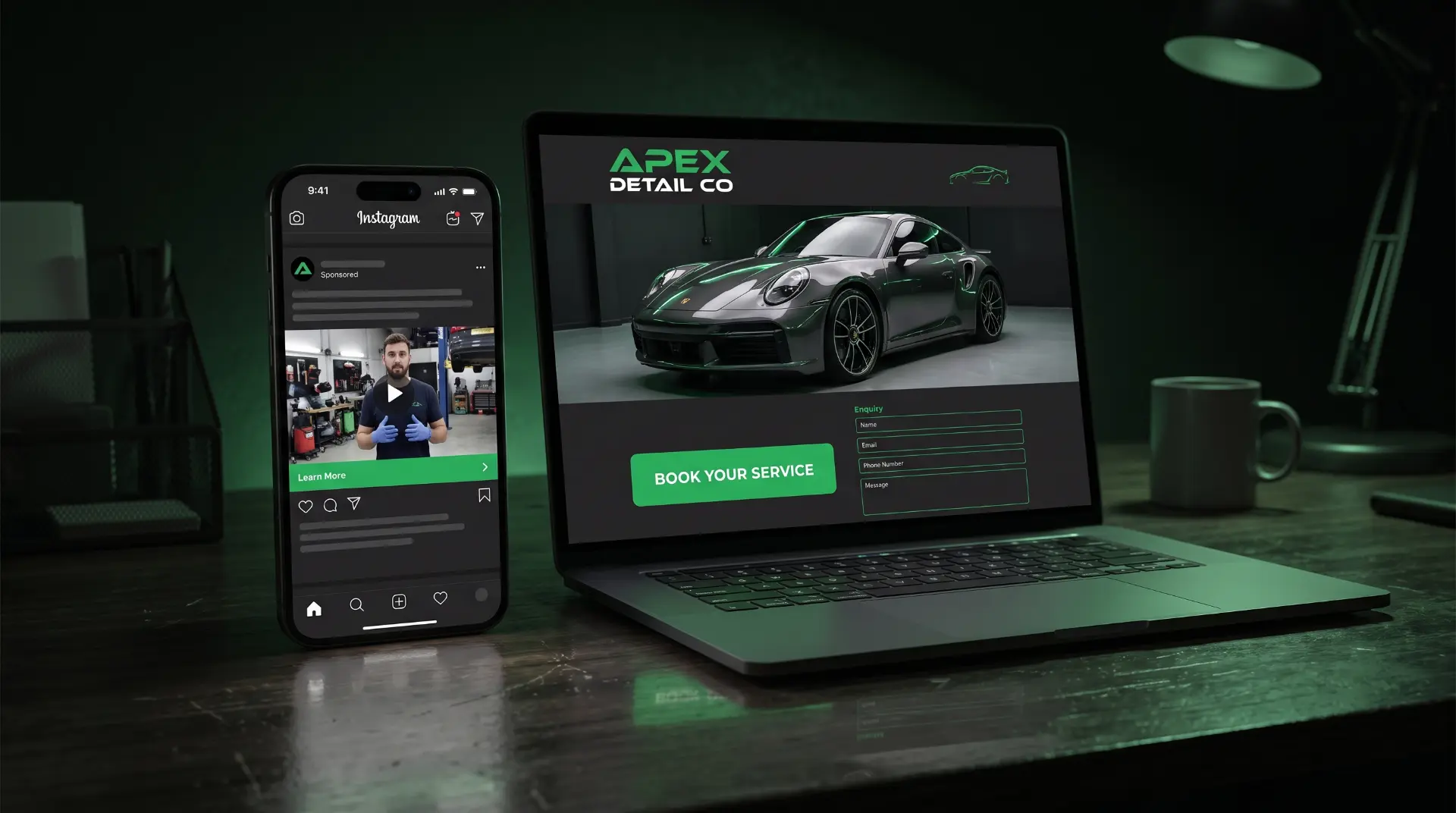 A real Instagram advert for a detailing business next to the matching landing page with a booking enquiry form