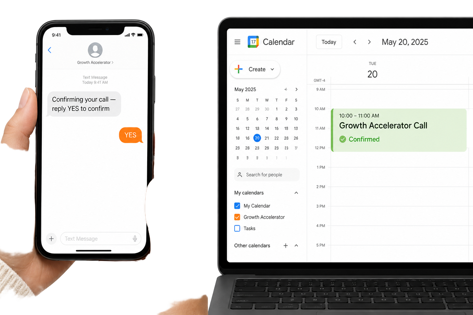 Replying YES to confirm the call and the event added to Google Calendar