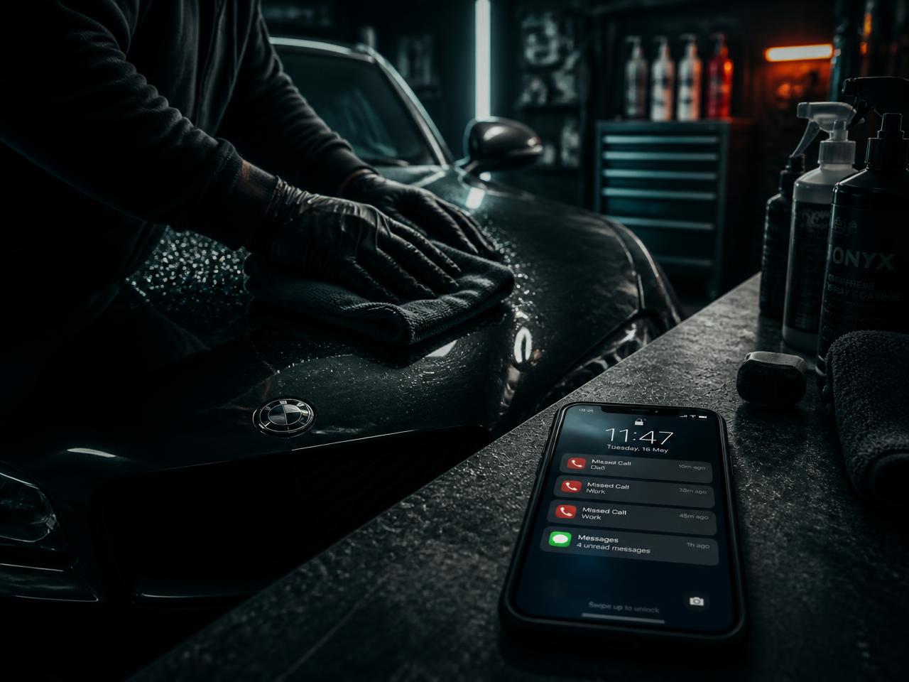 Automotive business owner mid-job while enquiries and missed calls stack up on his phone